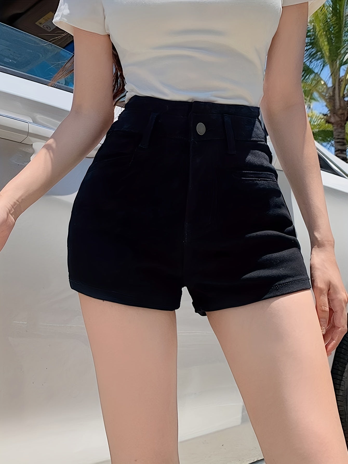 ZllKl Solid Color Casual Denim Shorts, High Rise Zipper Button Closure Denim Shorts, Women's Denim Jeans & Clothing
