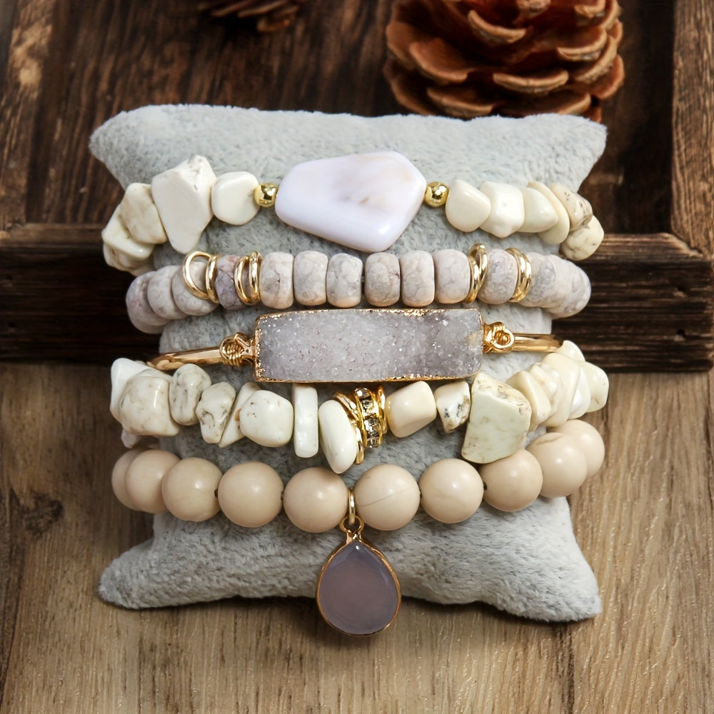 5pc Vintage Charm Boho Beaded Bracelet Set - Effortless Stackable, Elastic Stretch, Handmade Jewelry for Bohemian Style Enthusiasts