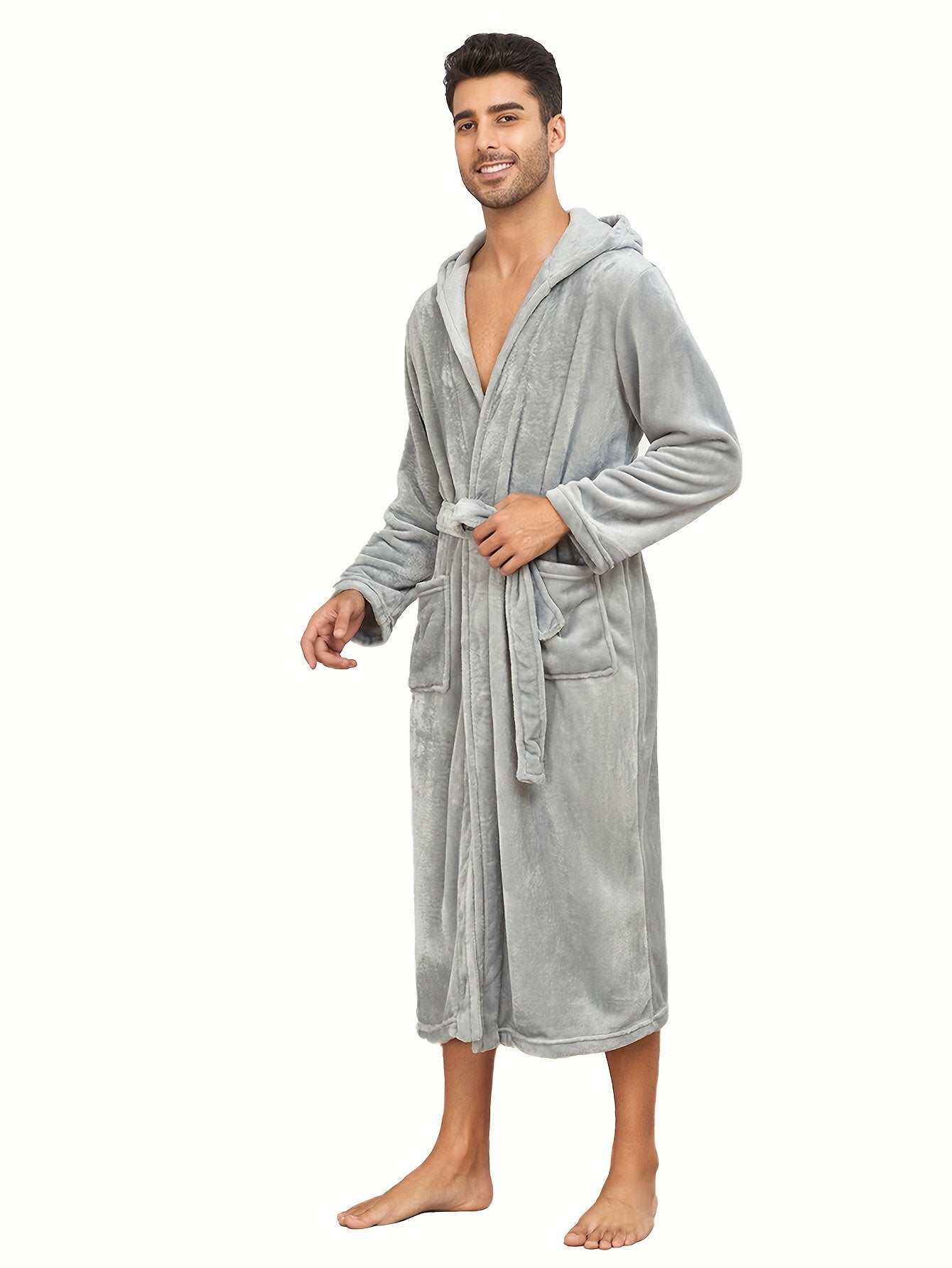 Cozy Plush Fleece Men's Hooded Bathrobe - Soft, Thick, and Fluffy Sleepwear Robes with Pockets for Relaxation - Ideal for Cold Winter Nights, Lounging Around, and Post-Shower Warmth