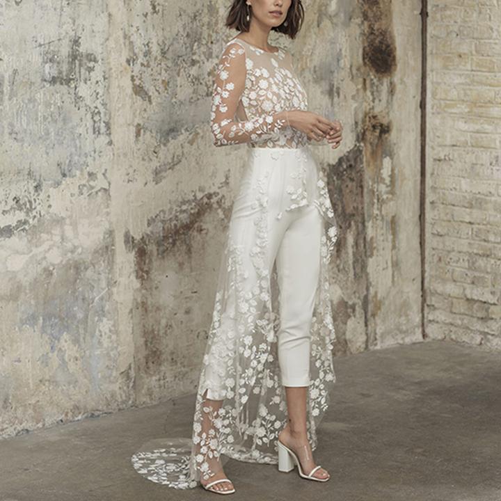 2020 autumn new 2025 Popular trade women's clothing ebay perspective long-sleeved lace jumpsuit trench coat fake two new models