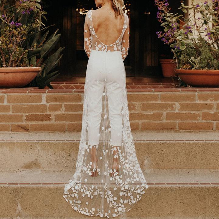 2020 autumn new 2025 Popular trade women's clothing ebay perspective long-sleeved lace jumpsuit trench coat fake two new models