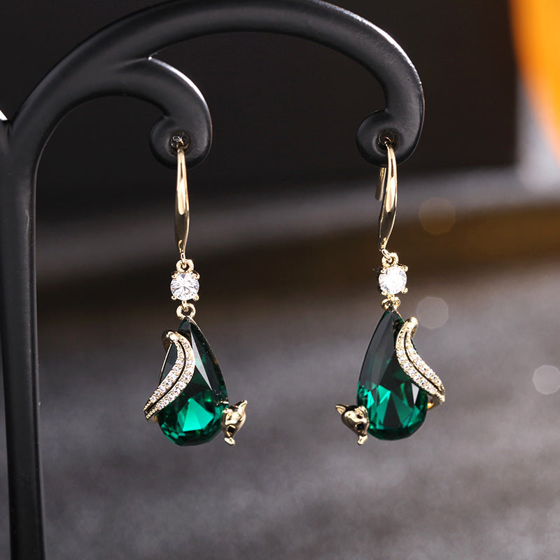 2025 Retro Chinese style new micro-inlaid zircon ear hook female blue crystal personalized animal popular earrings fox earrings