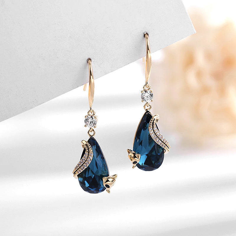 2025 Retro Chinese style new micro-inlaid zircon ear hook female blue crystal personalized animal popular earrings fox earrings