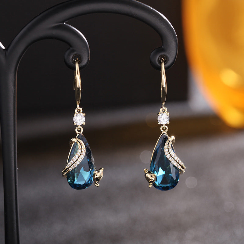 2025 Retro Chinese style new micro-inlaid zircon ear hook female blue crystal personalized animal popular earrings fox earrings