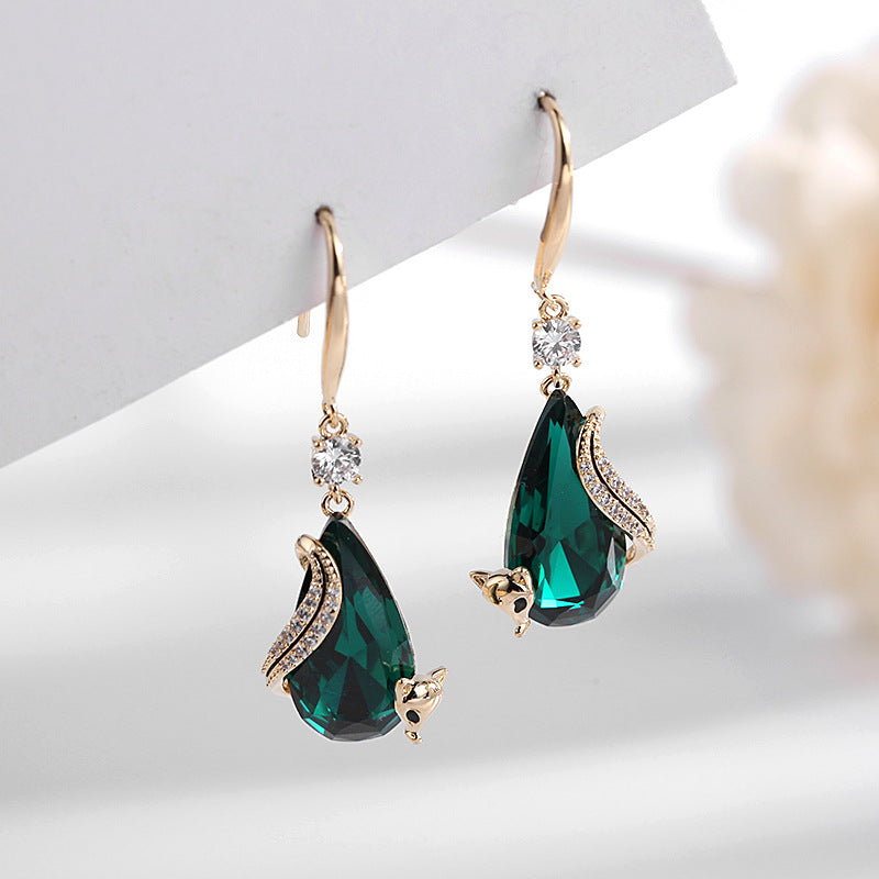 2025 Retro Chinese style new micro-inlaid zircon ear hook female blue crystal personalized animal popular earrings fox earrings