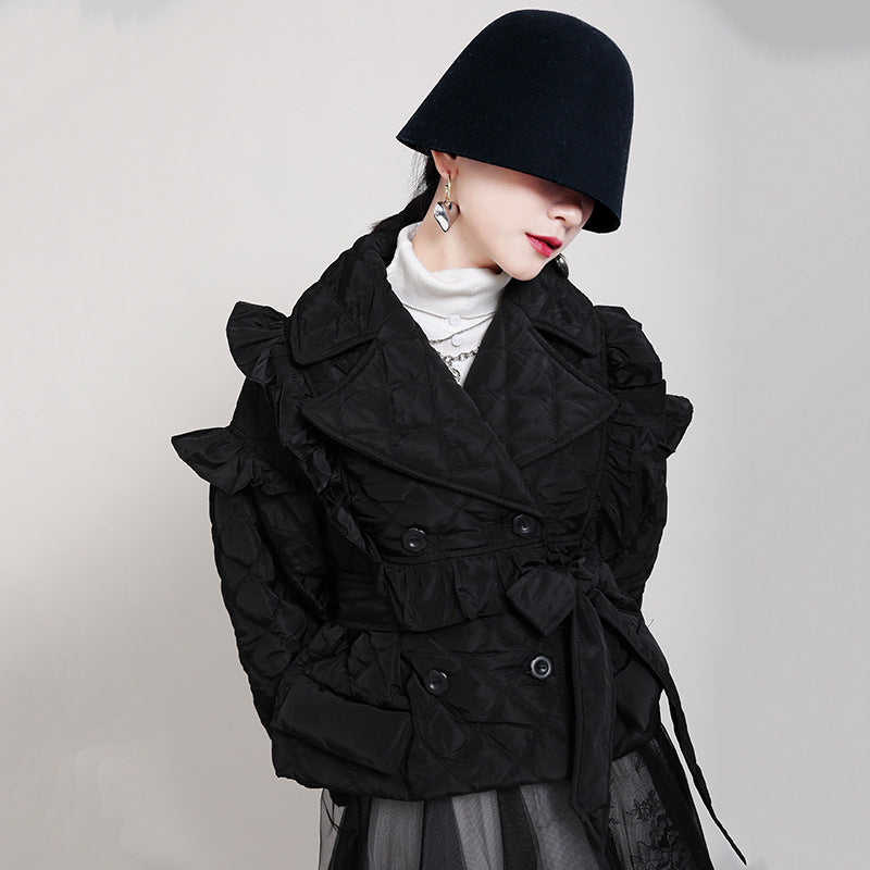 Cotton clothes women's 2025 new short loose design sense fungus edge small cotton clothes, rhombus cotton clothes jacket women's winter
