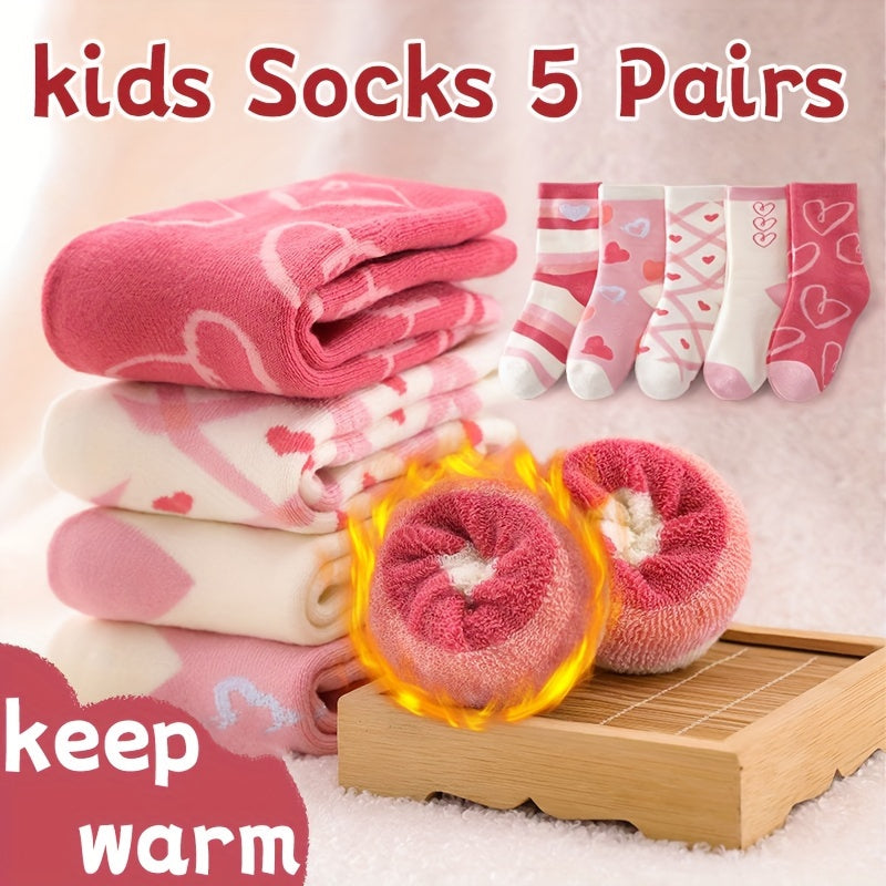 5 Pairs Girl's Children's Warm Hearts Pattern Crew Sock Moisture Wicking Comfy For Winter Outdoor Wearing