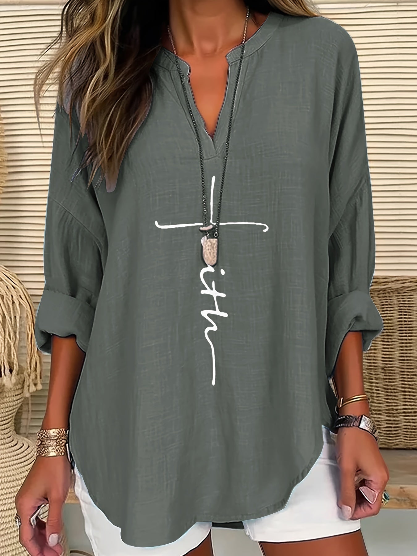 ZllKl Letter Print Notch Neck Blouse, Casual Long Sleeve Blouse For Spring & Fall, Women's Clothing