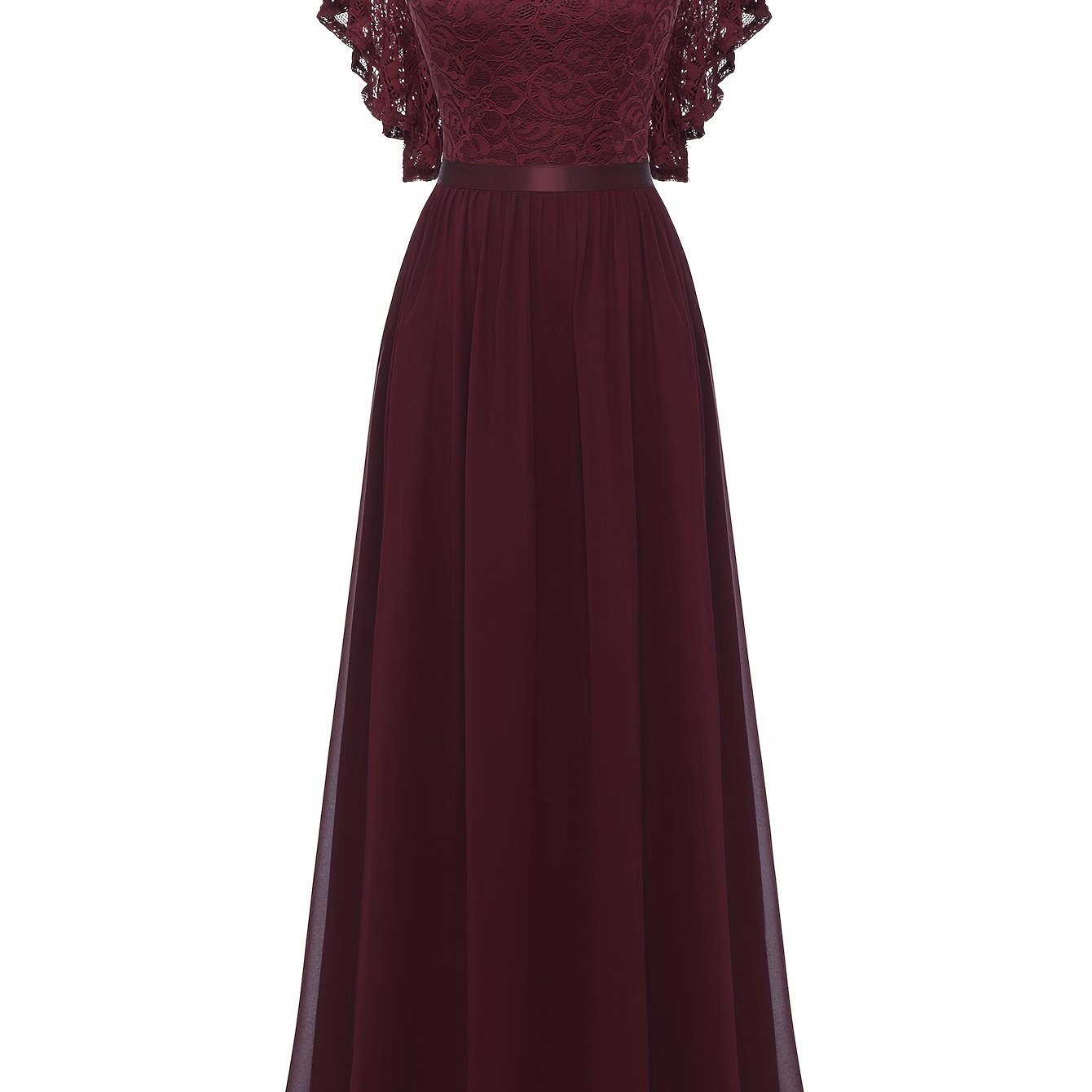 Stunning Lace Splicing V-Neck Bridesmaid Dress - Elegant Ruffle Sleeve, A-Line Floor Length, Perfect for Wedding Party - Womens Formal Clothing for Special Occasions