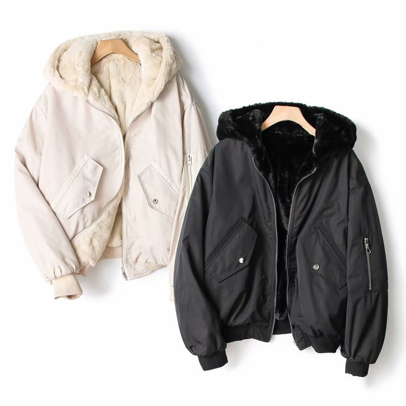 Autumn and winter new European and American style women's clothing double-sided flying jacket jacket, thickened velvet jacket cotton clothes