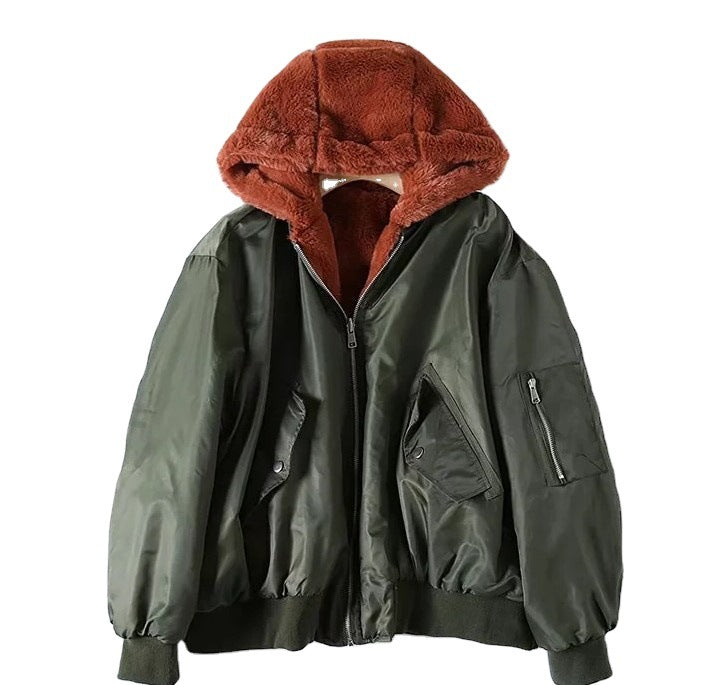 Autumn and winter new European and American style women's clothing double-sided flying jacket jacket, thickened velvet jacket cotton clothes