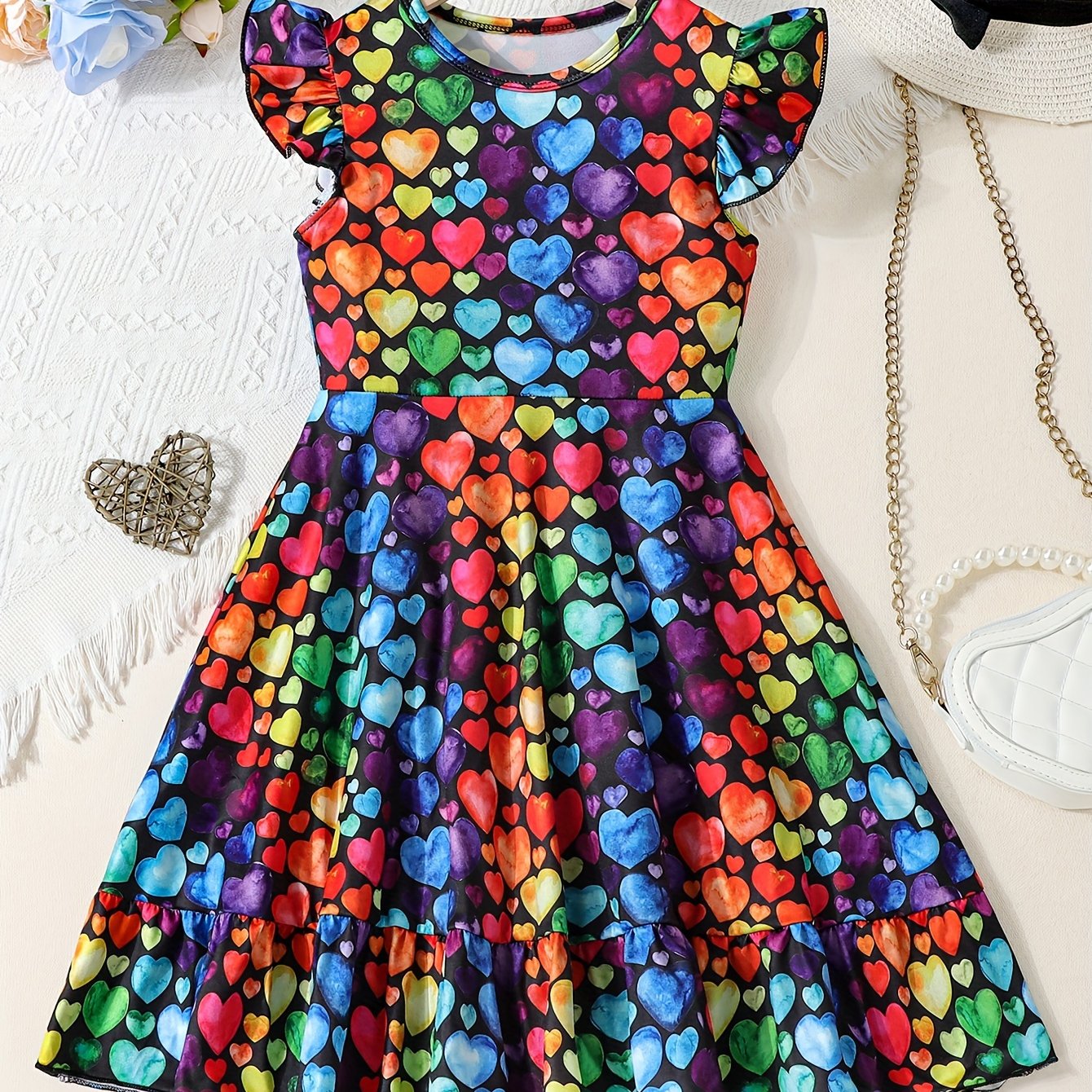 Girls Vibrant Hearts Print Round Neck Flying Sleeve Midi Dress - Adorable & Flowy for Summer Romance & Valentines Day