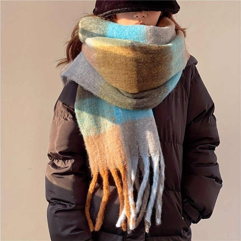 Autumn Winter Rainbow Color Boho Plaid Tassel Chunky Scarf - Soft Imitation Mohair, Eye-Catching Tassel Details, Thick and Plush Design, Long Stylish Neckerchief - Vibrant Shawl for Cold Weather