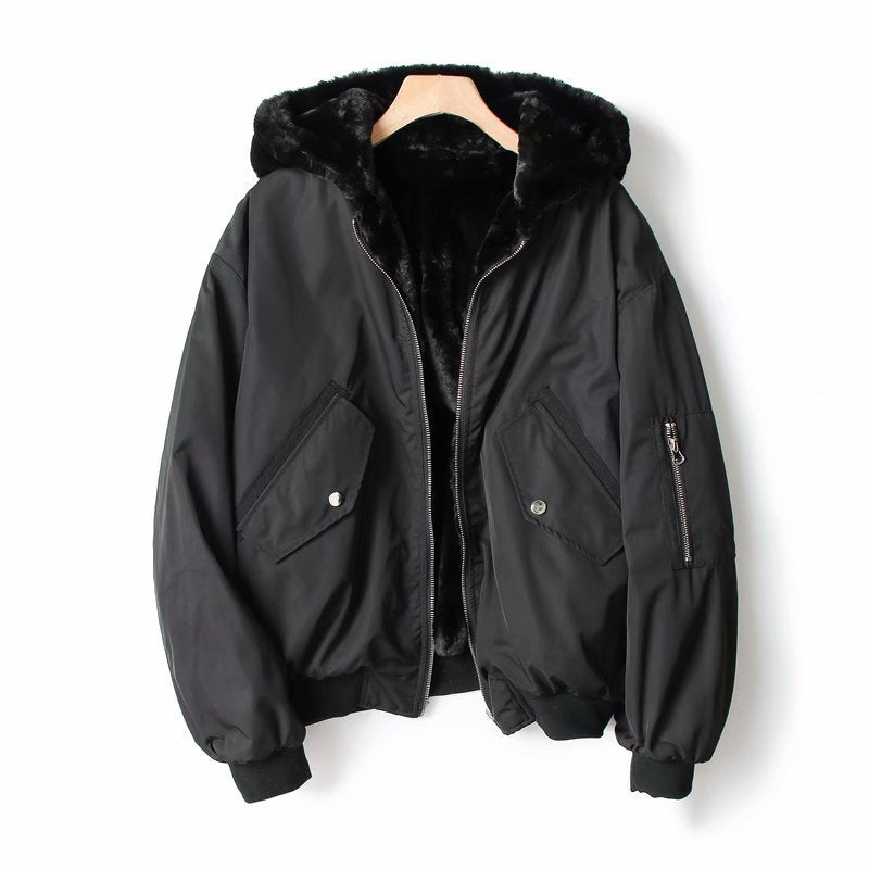 Autumn and winter new European and American style women's clothing double-sided flying jacket jacket, thickened velvet jacket cotton clothes