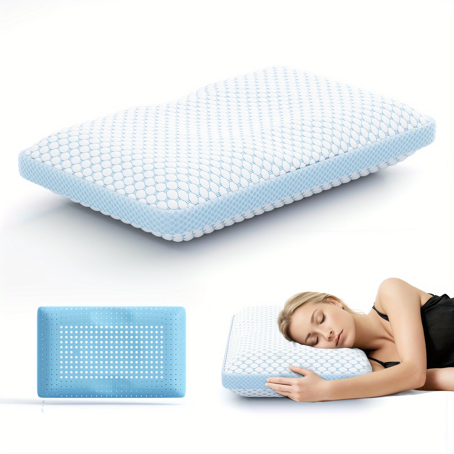 1pc Plush Memory Foam Pillow - Ultimate Cooling Support for Side, Back, Stomach Sleepers with Breathable, Hypoallergenic Dual-Sided Washable Cover, Zipper Closure, and Classic Style for Multi-Position Sleepers (White & Blue)