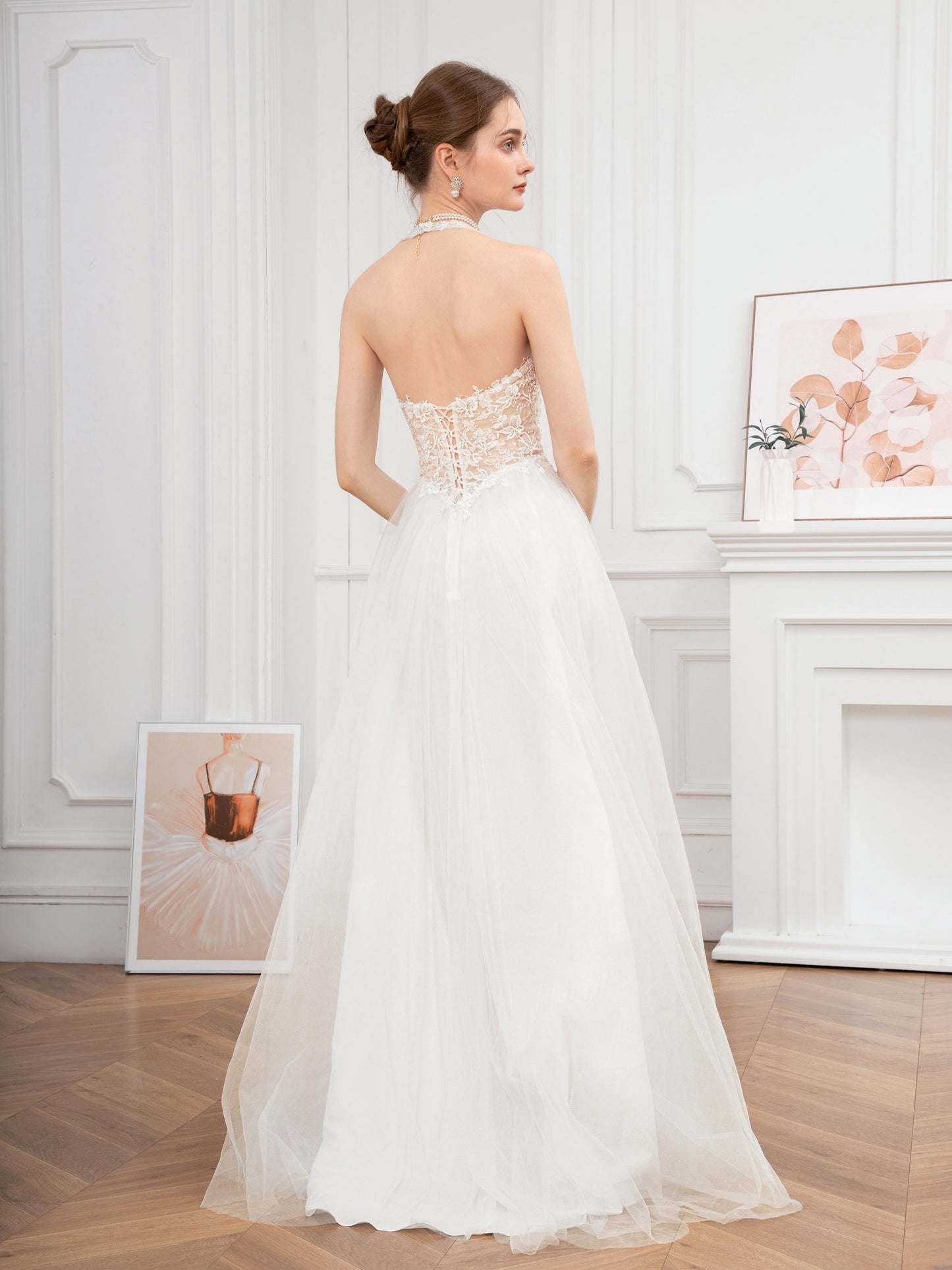 Long Embroidered Guipure Lace Halter Neck Formal Dress - Elegant Backless Ball Gown with Cross Strape Detail, Semi-Sheer Mesh Fabric, Flared Hem, and Chest Pad - Perfect for Wedding Party, Hand Wash Only