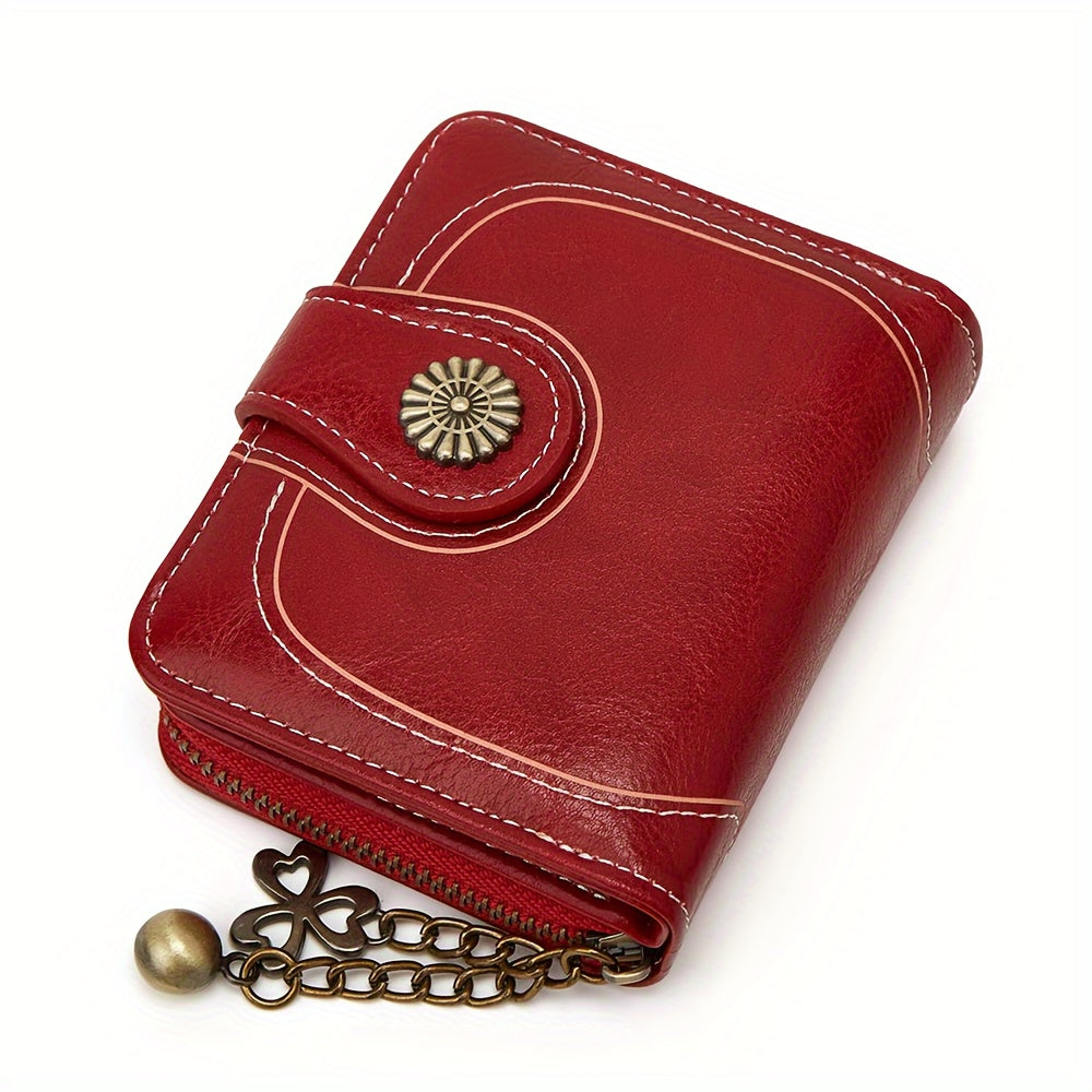 Vintage Solid Color Short Wallet, Zipper Around Coin Purse, Classic Women's Credit Card Holder