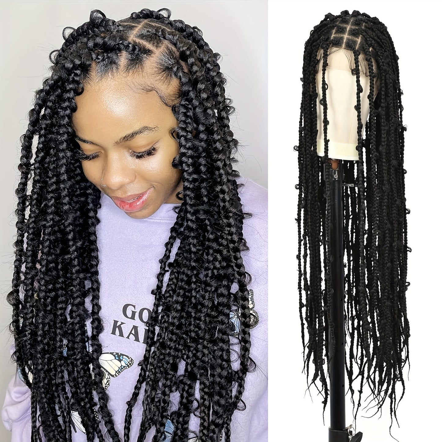 44 150% Density Full Lace Bohemian Braided Wig with Triangle Knotless Box Braids, Boho Curls, and Natural Black Color for African Women