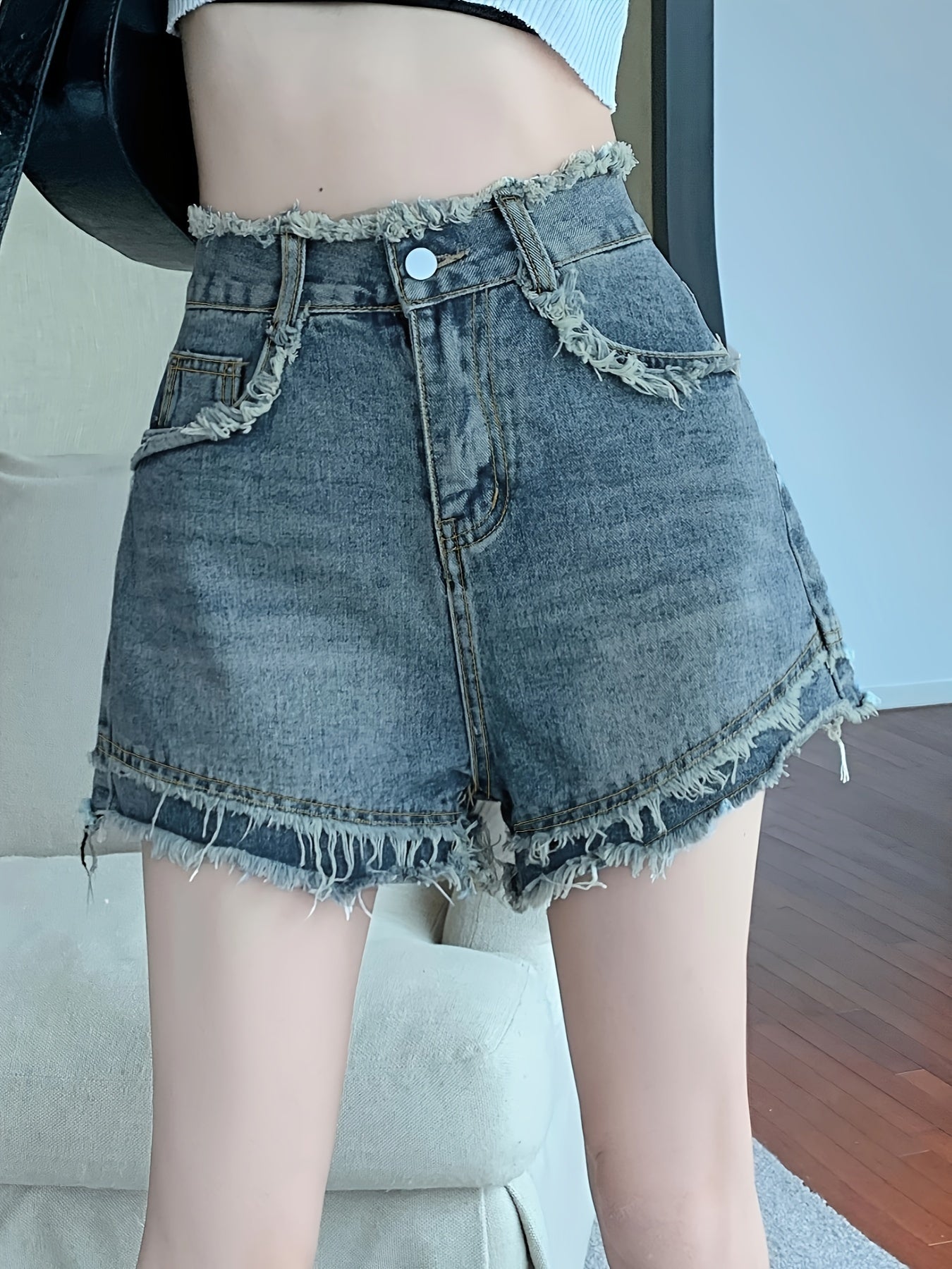 ZllKl Women's Vintage-Inspired Frayed Hem Denim Shorts, Summer Collection, Flattering High-Waist, Trendy Distressed Look For Chic Style.