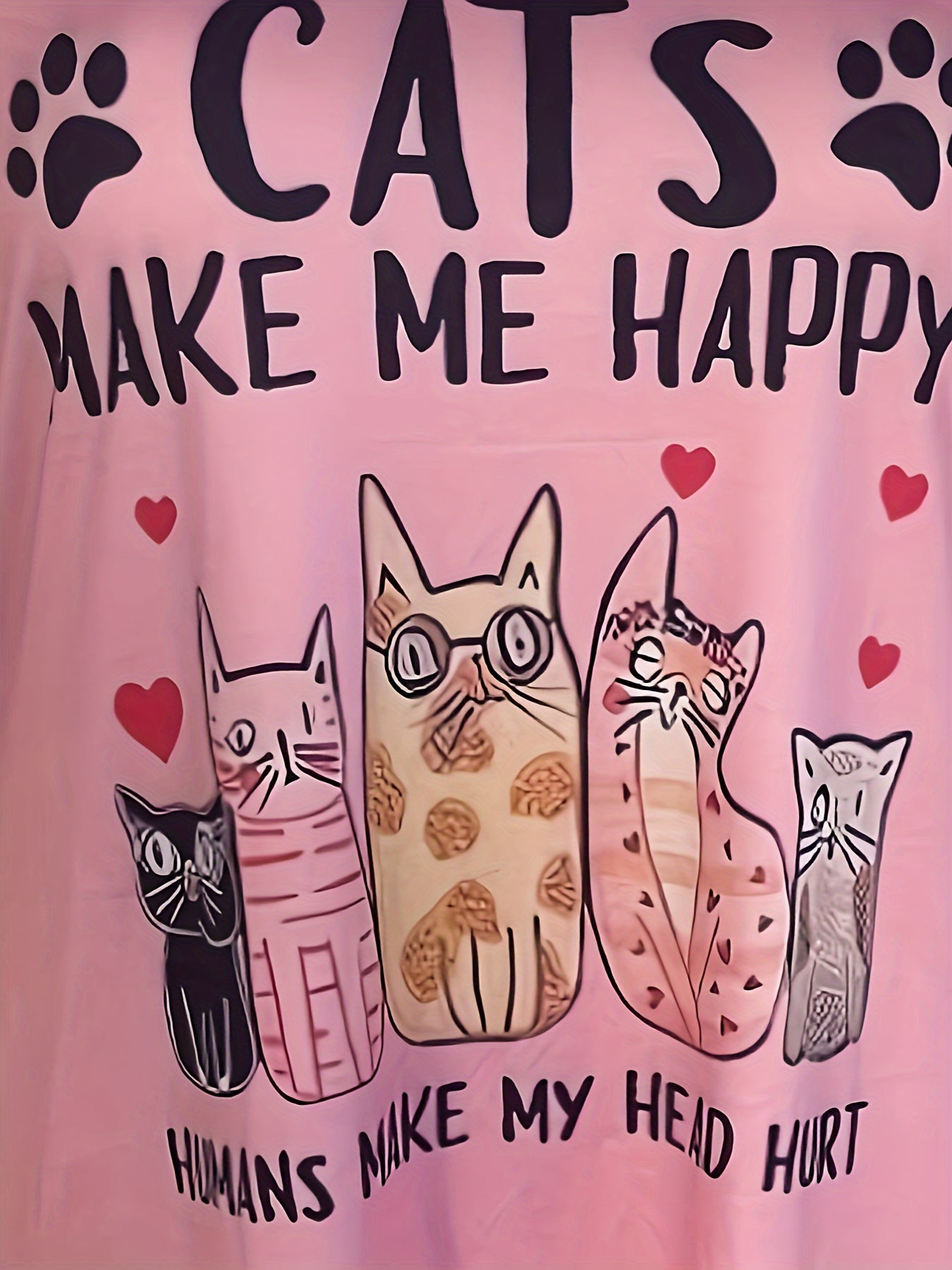Plus Size CATS Print V Neck Tee Dress, Casual Pocket Short Sleeve Loose Dress For Spring & Summer, Women's Plus Size Clothing