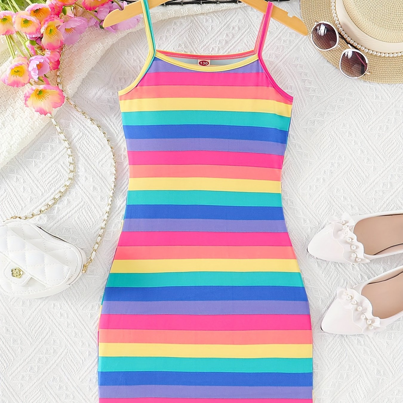 Colorful Stripe Dress - Bodycon Slim Fit Design, Adjustable Spaghetti Straps, Slip-on Style - Perfect for Little Girls and Tweens, Ideal Summer Gift for Birthday Parties, Outdoor Playdates, or Casual Occasions