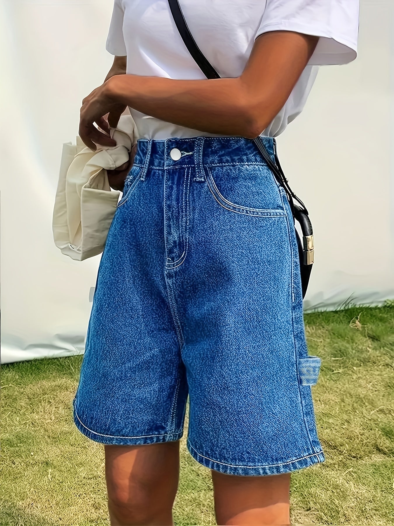 ZllKl Blue Non-Stretch Denim Shorts, Slash Pockets Straight Legs Casual Short Denim Pants, Women's Denim Jeans & Clothing
