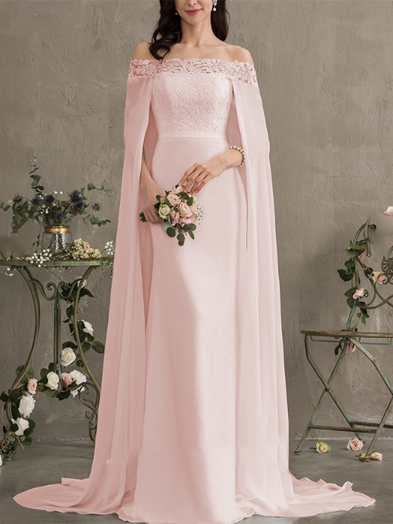 Long Length Off the Shoulder Bodycon Wedding Dress - Elegant Solid Contrast Lace Cape Design, Micro Elasticity Mesh Fabric, Pleated Hem, Chest Pad, Spring/Summer/Fall Season - Womens Elegant Occasion Dress for Wedding/Evening/Engagement/Ceremony