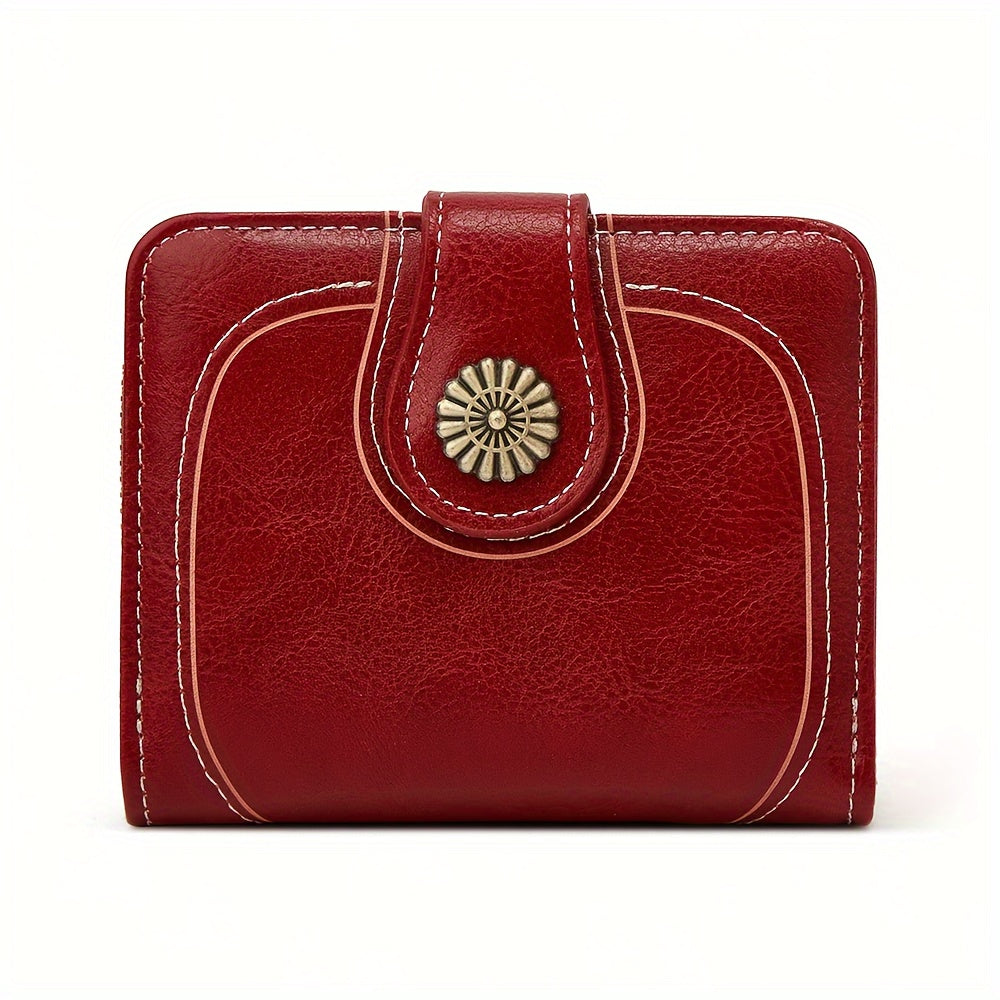 Vintage Solid Color Short Wallet, Zipper Around Coin Purse, Classic Women's Credit Card Holder