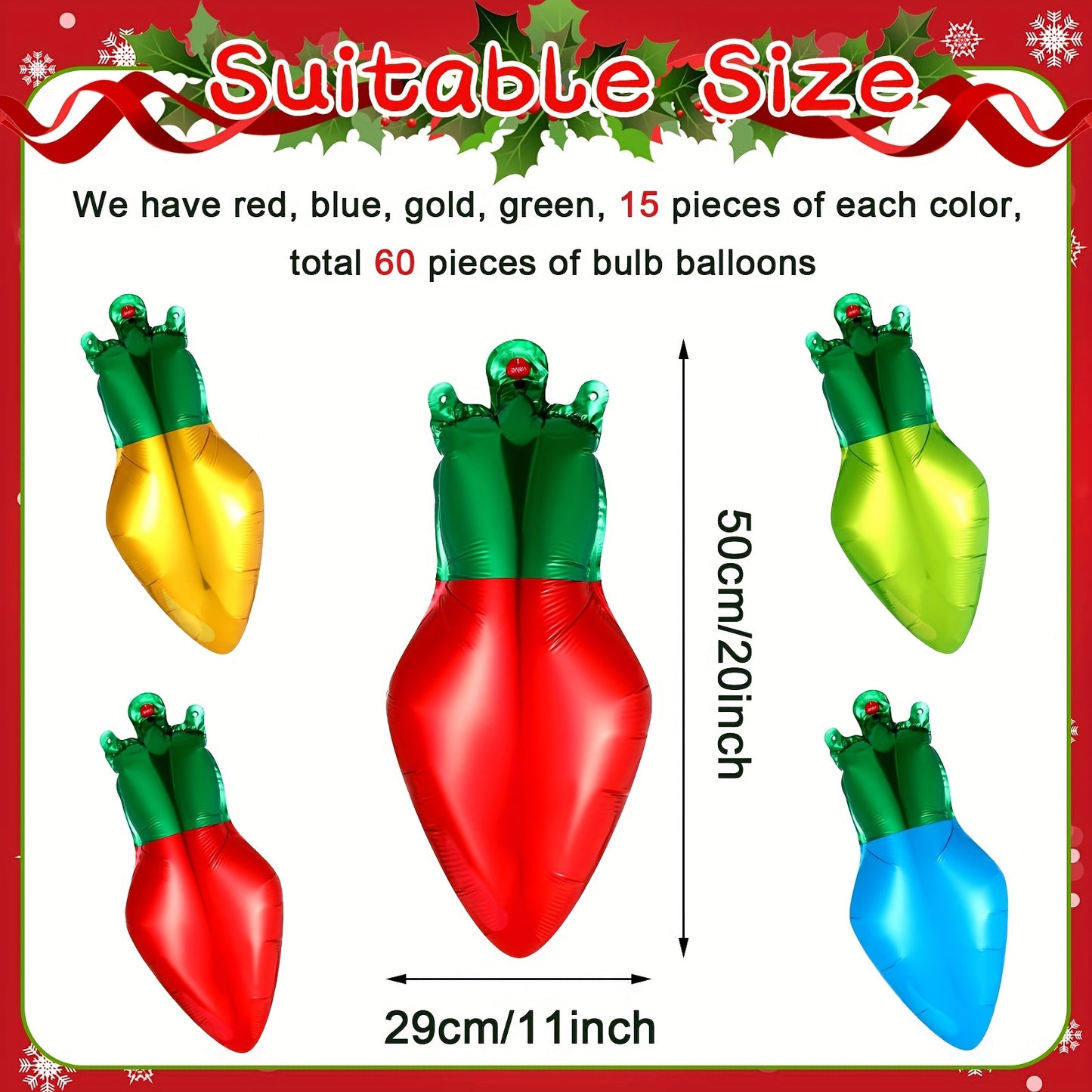 60pcs Christmas Light Bulb Shaped Balloons - Inflatable Foil Xmas Decorations with 98 Feet Nylon Rope for Party Decor, Festive Holiday Celebrations, and Winter Wonderland Themes