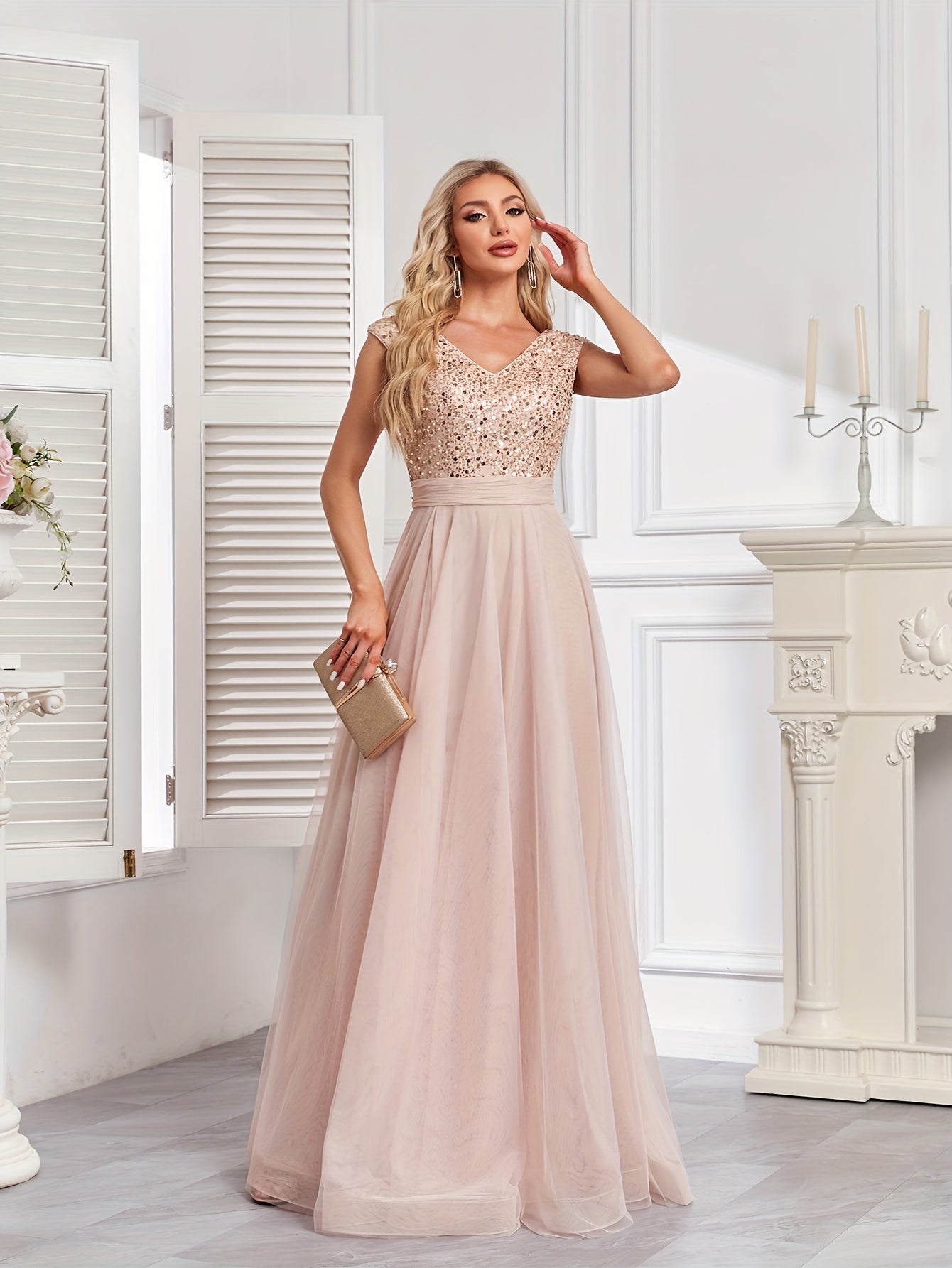 Long Sleeveless Elegant A-line Floor Length Sequin V-neck Formal Dress for Women - Shining Contrast Sequin Details, Micro Elasticity, and Loose Silhouette - Polyester Material, Hand Wash, and Perfect for Party & Banquet