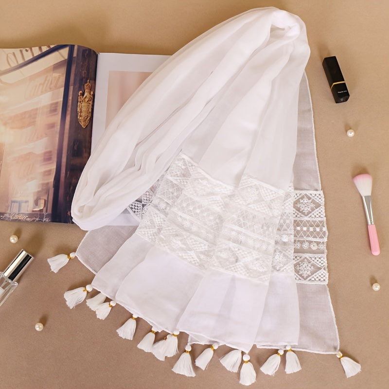 Delicate Embroidered Lace Tassel Scarf - Fashionable & Elegant for Casual Wear - Versatile Cold Weather Accessory, Perfect for Eid Celebrations