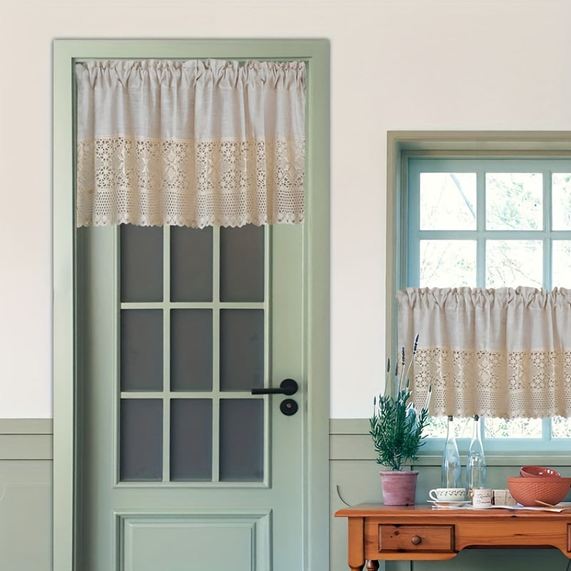 1pc Vintage Half Curtain - Crochet Hollow Short Curtain with Cotton Linen Splicing, Rod Pocket Top, Perfect for Small Window, Restaurant, Kitchen, Cafe, Living Room, Office, and Home Decor