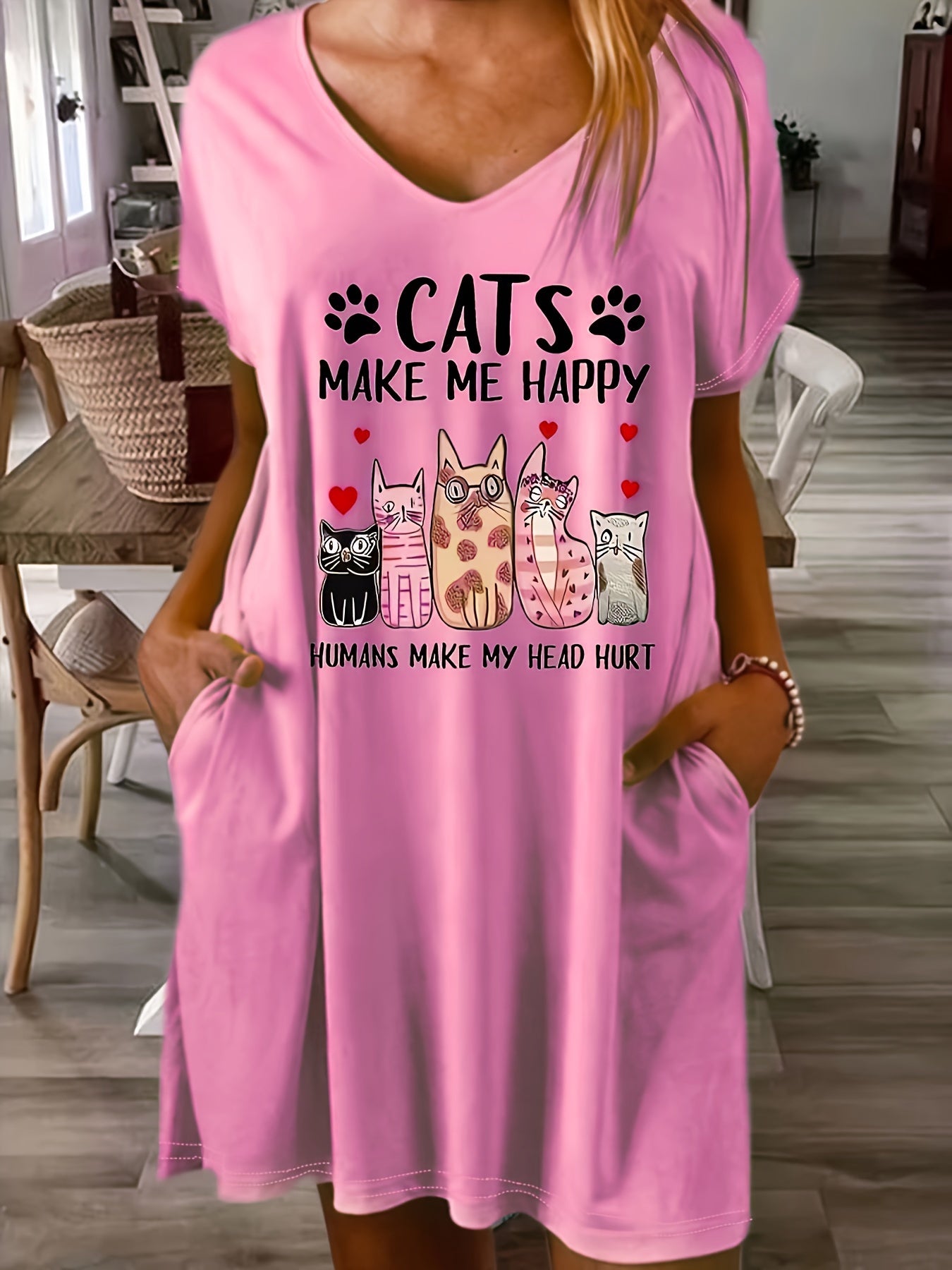 Plus Size CATS Print V Neck Tee Dress, Casual Pocket Short Sleeve Loose Dress For Spring & Summer, Women's Plus Size Clothing