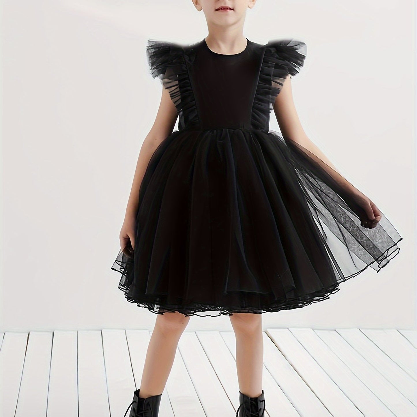Elegant Fitted Princess Tutu Dress for Girls - Solid Color Non-Stretch Polycotton Mesh Material, Regular Fit, Hand Washable, Perfect for Party Performance and Gift - All-Season Wear, Woven Construction