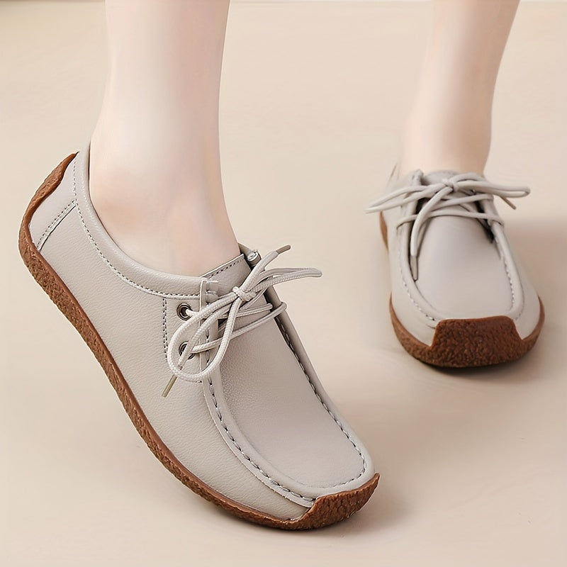 Womens Solid Color Microfiber Synthetic Leather Oxfords - Wear-Resistant, Lightweight, Breathable, Low-Top Lace-Up Flats with Plain Toe - Perfect for Casual, All-Season Wear