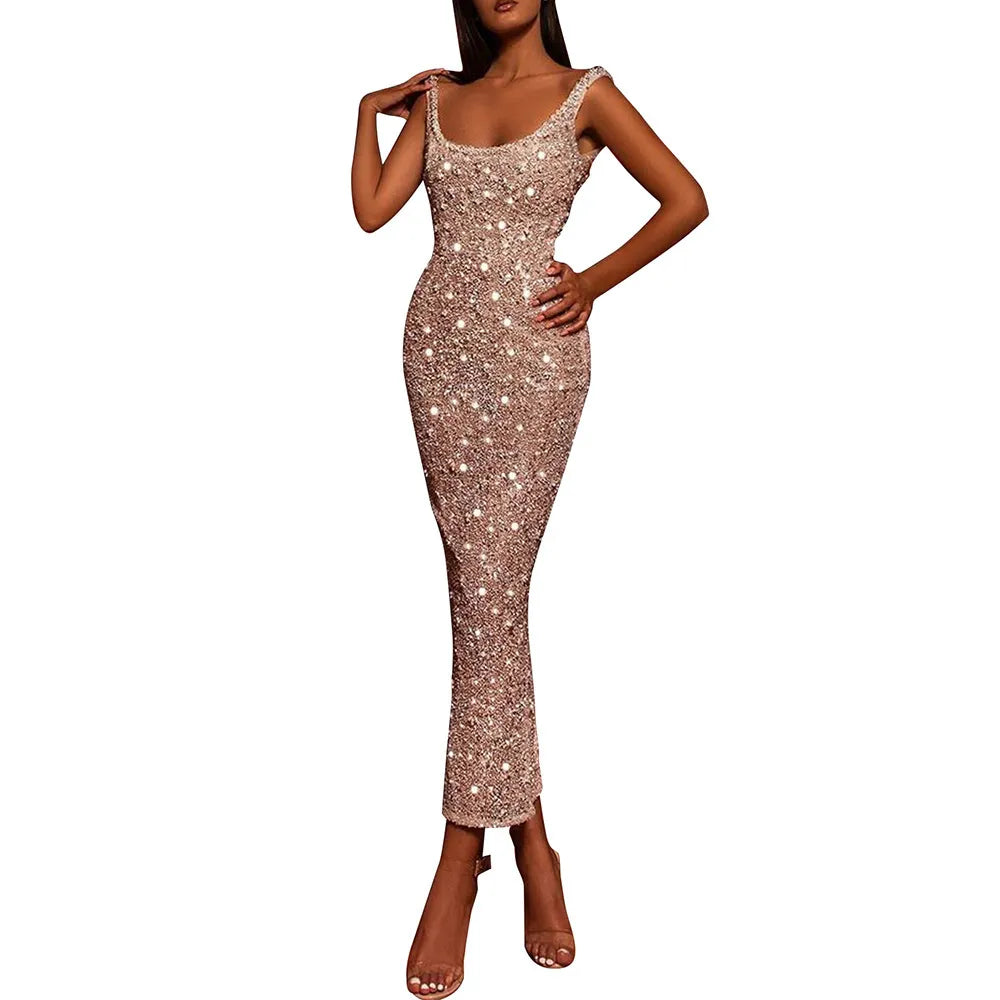 Casual Dresses Sleeveless U-neck Maxi Dress Elegance Sprinkled with Gold High-waisted