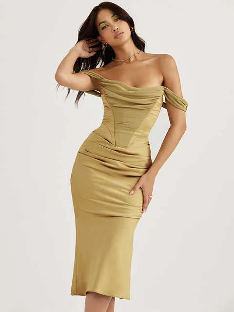 Offer Shoulder Elegant Draped Neck Satin Midi Dress Prom Cocktail Party Dresses For Women Wedding Guest Vestidos