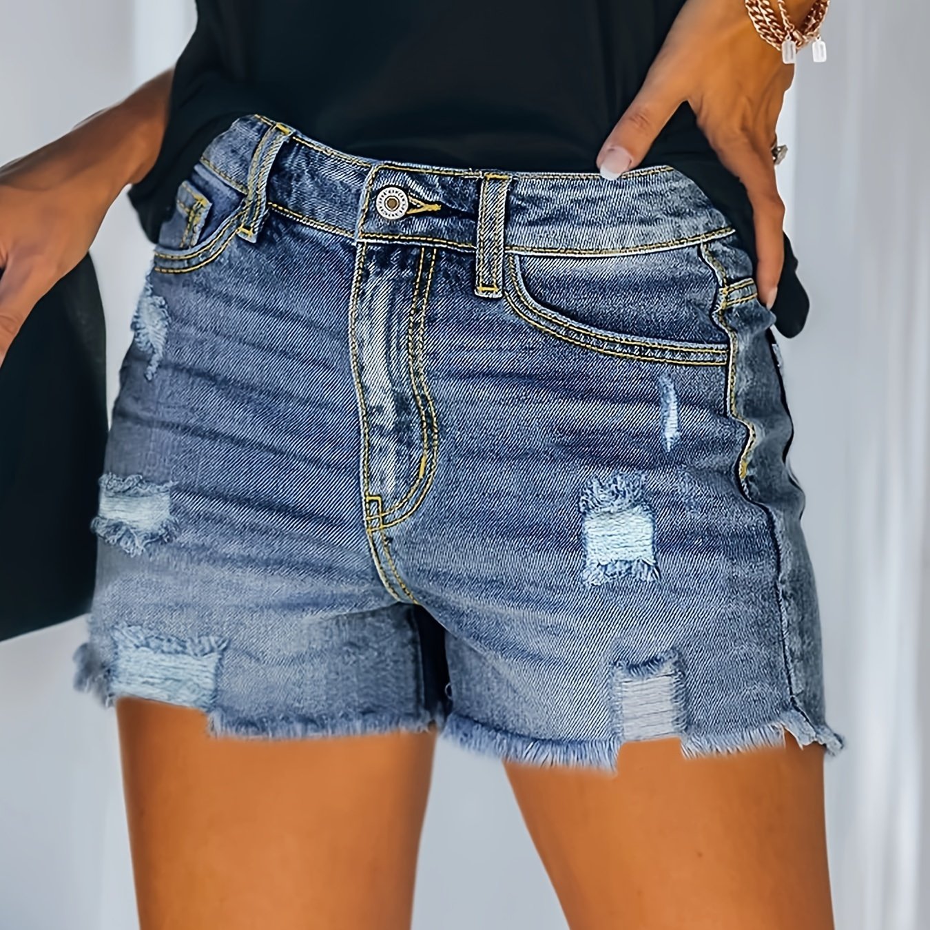 ZllKl Ripped Raw Hem Whiskering Denim Shorts, Stretchy Distressed Slash Pocket Denim Shorts, Women's Denim Jeans & Clothing