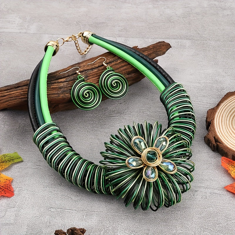 3pcs Earrings Plus Necklace Exaggerated Jewelry Set Colorful Flower Design Stunning Party Accessories Traditional Bridal Accessories