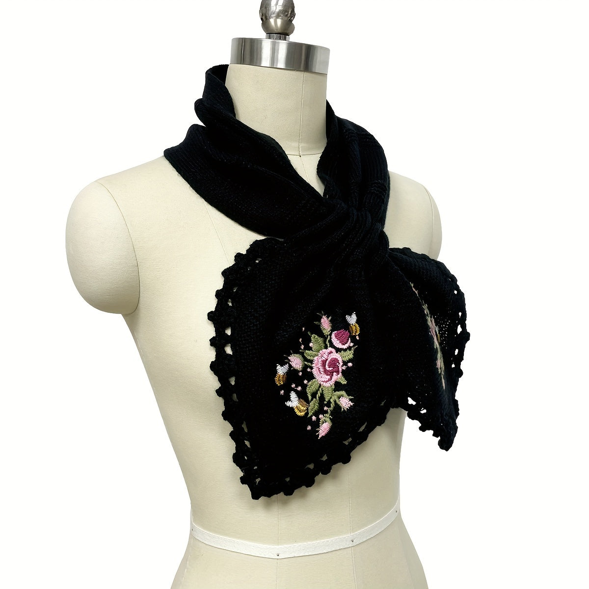 Vintage-Inspired Embroidered Knit Scarf - Soft, Warm, Windproof, and Elastic - Perfect for Weekend Casual Wear in Autumn and Winter