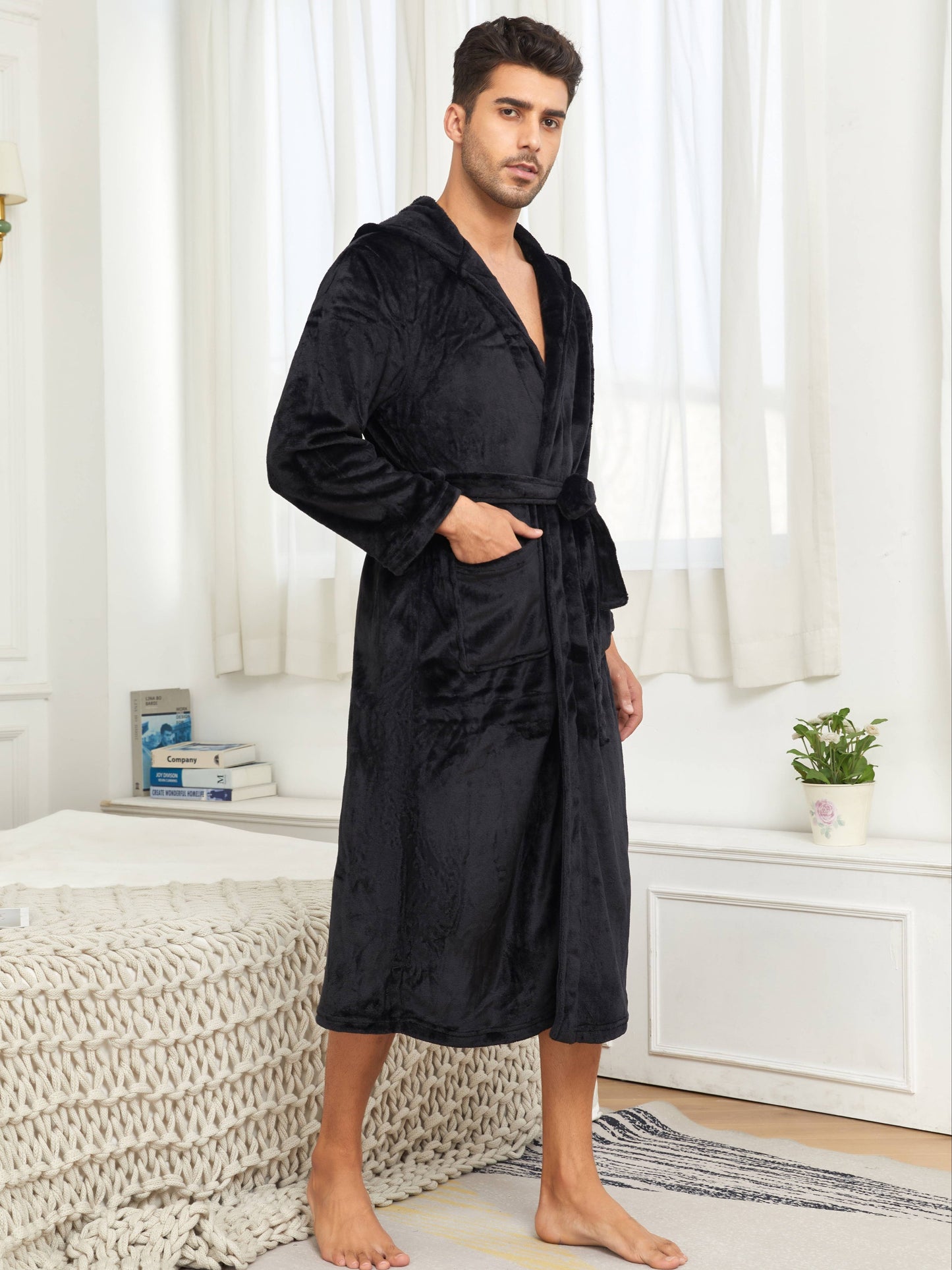 Cozy Plush Fleece Men's Hooded Bathrobe - Soft, Thick, and Fluffy Sleepwear Robes with Pockets for Relaxation - Ideal for Cold Winter Nights, Lounging Around, and Post-Shower Warmth