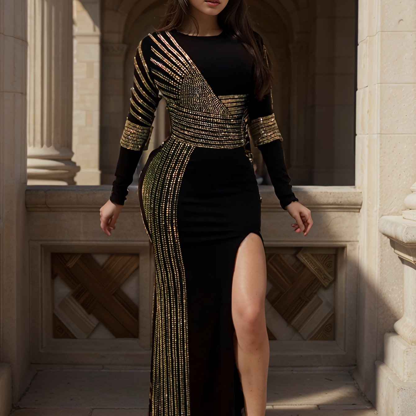 Long Sleeve Rhinestone Bodycon Maxi Dress - Sexy High Elasticity Polyester Party Club Wear with Crew Neck and Split Thigh - Hand Wash Only, All-Season Elegant Clothing for Women