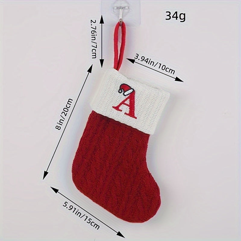 Classic Initial Mini Christmas Stockings, 1pc, Embroidered Alphabet Knit Red and White Themed Socks for Home, Christmas Tree, Mantel Decoration, No Feathers, Polyester - Festive Holiday Decor