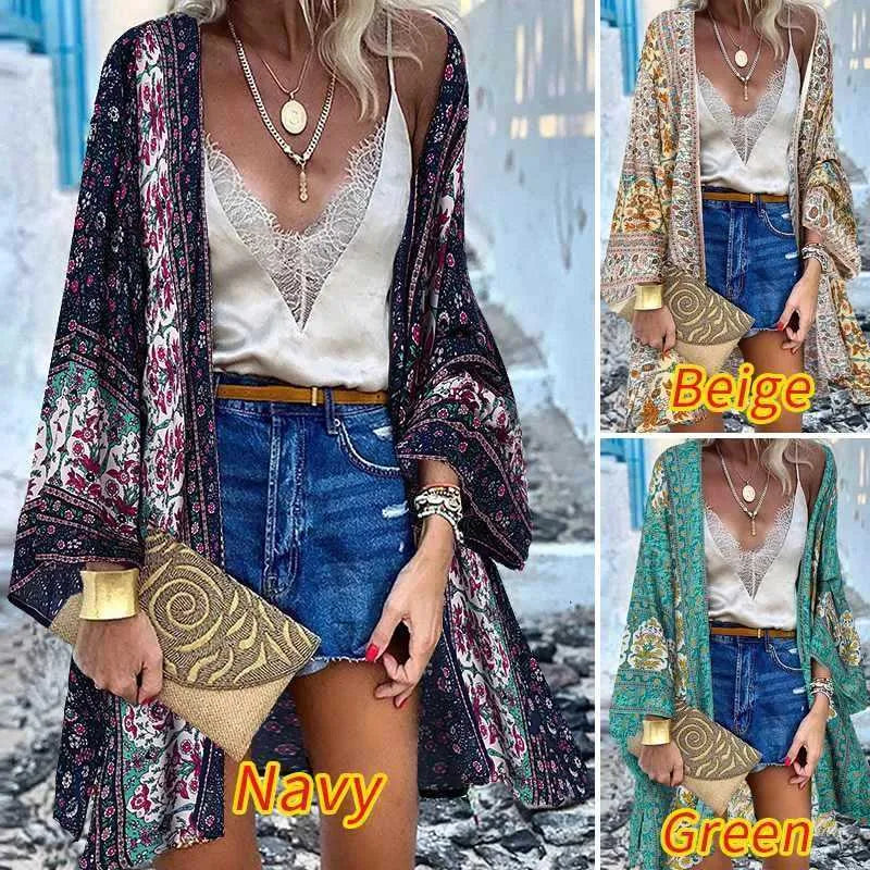 Women's Blouses Shirts Bohemian Printed Cardigan Womens Summer Blouses Kimono Cape ZANZEA Casual Long Slve Floral Blsua Female Open Front Tunic T240510