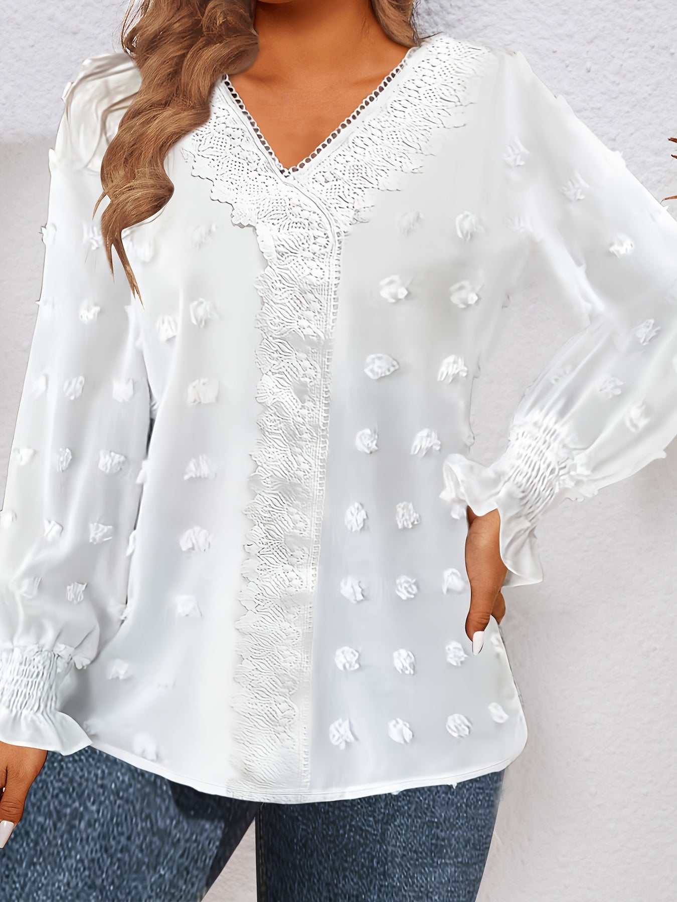 Plus Size Women's V-Neck Blouse - Elegant Swiss Dot & Lace Trim - Flowy Long Sleeve - Ideal for Spring & Fall Fashion
