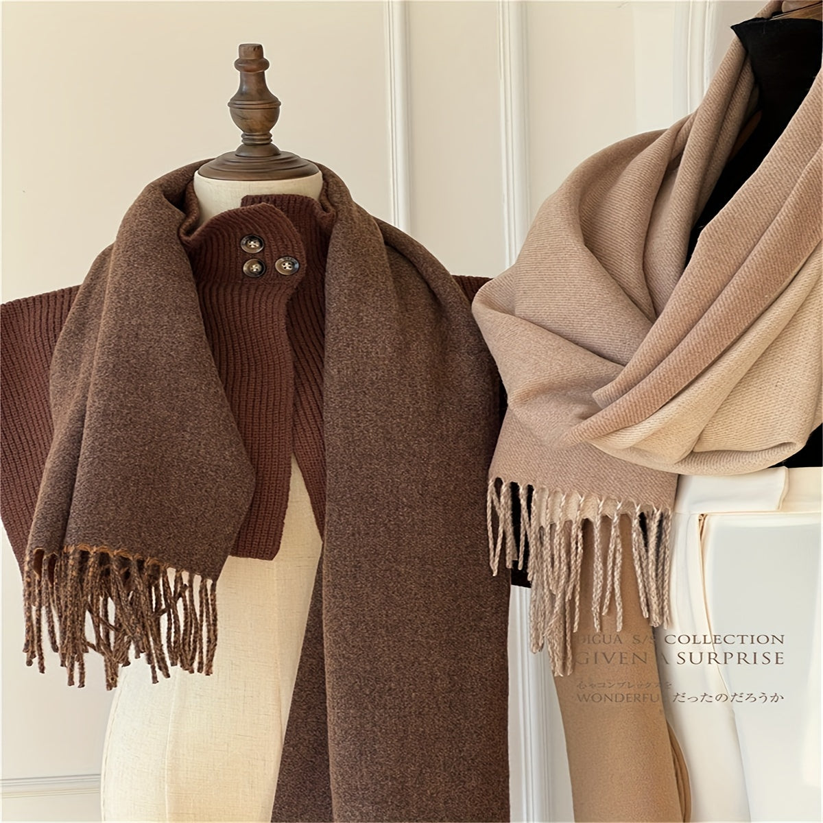 Double Sided Luxurious Color Block Scarf - Soft Cashmere Blend, Apricot and Coffee Color, Tassel Shawl, Windproof, Autumn Winter Warm, Versatile Unisex Accessory for Women and Men
