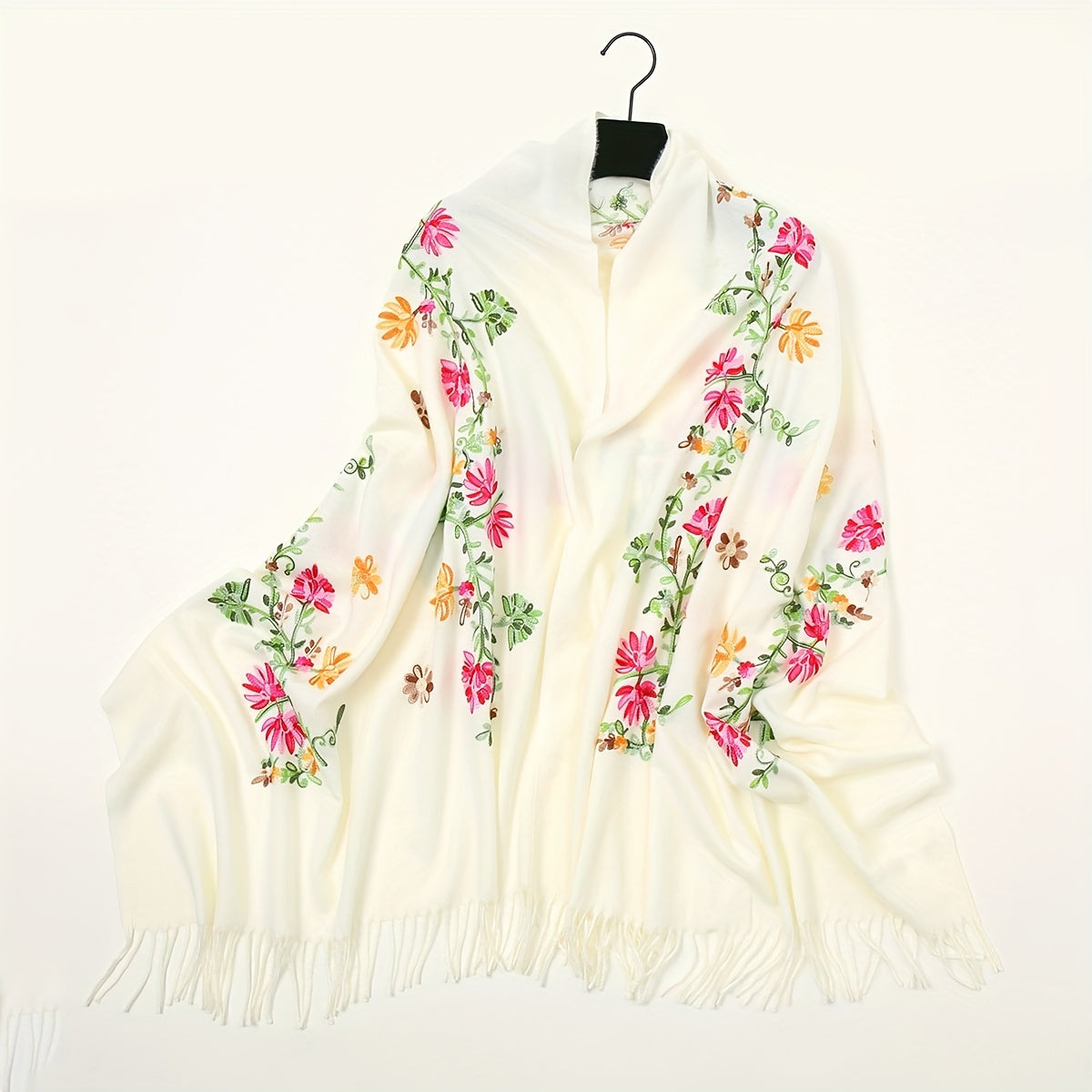 Embroidered National Style Scarf - Soft, Warm, Windproof, and Elegant Wrap for Going Out - Polyester Imitation Cashmere with Tassel and Flower Pattern