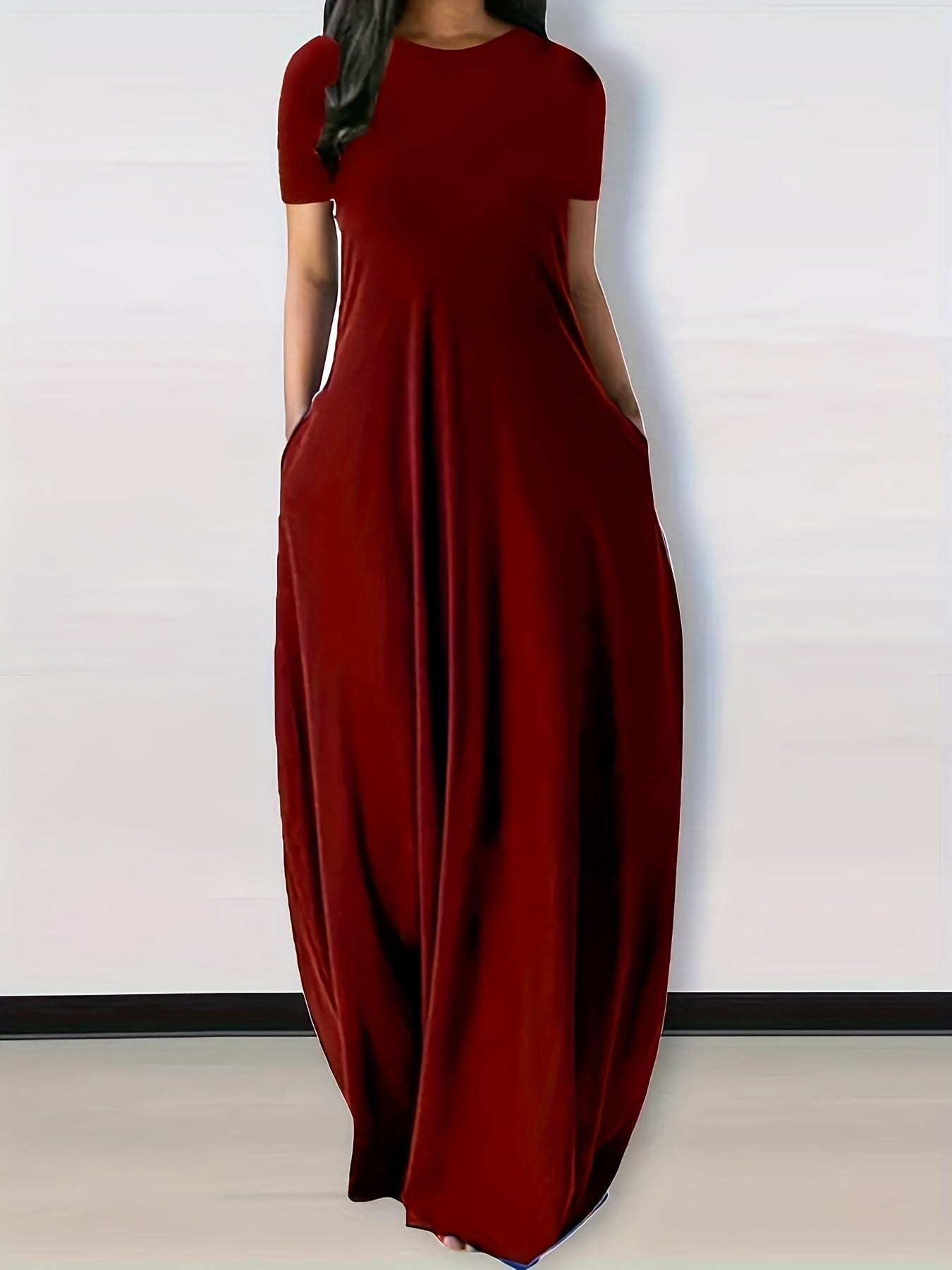 Plus Size Womens Casual Maxi Dress - Flattering Solid Color, Comfortable Round Neck, Flowy Loose Fit with Handy Pockets, Short Sleeves