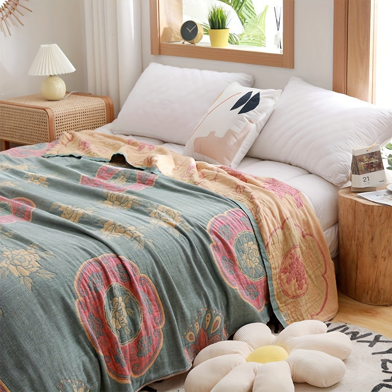 1pc Soft & Comfortable Peony Pattern Cotton Jacquard Blanket - Five-Layer Cotton Yarn Construction, Suitable for All Seasons, Perfect for Adult Sofa Nap Blanket, Four Seasons Blanket - 100% Cotton, Gentle on Skin, Breathable, and Absorbent