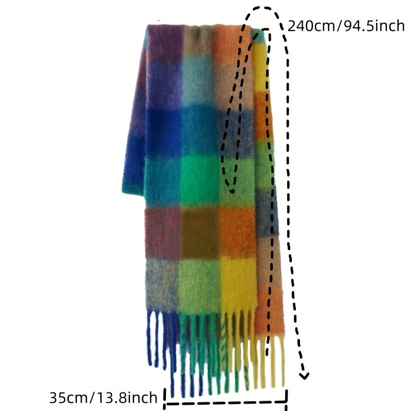 Autumn Winter Rainbow Color Boho Plaid Tassel Chunky Scarf - Soft Imitation Mohair, Eye-Catching Tassel Details, Thick and Plush Design, Long Stylish Neckerchief - Vibrant Shawl for Cold Weather